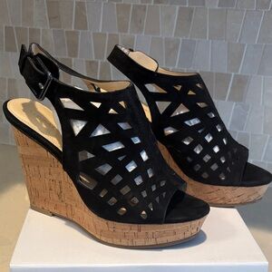 Calvin Klein Black and Tan Wedge Sandals